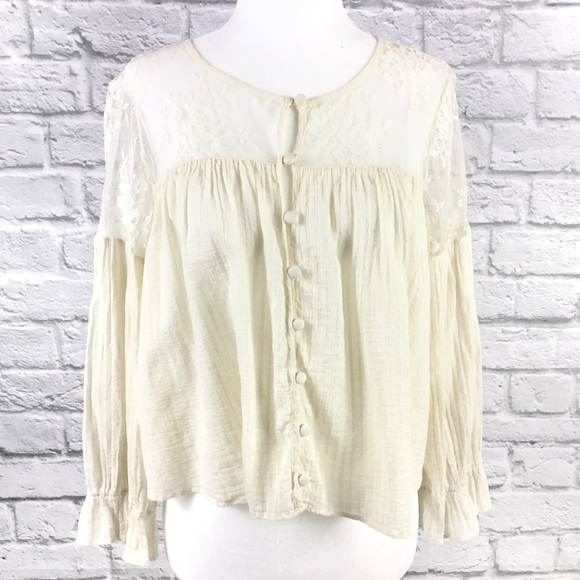 Free People Ivory Cotton Lace Button Blouse Sz Sm - Picture 1 of 8